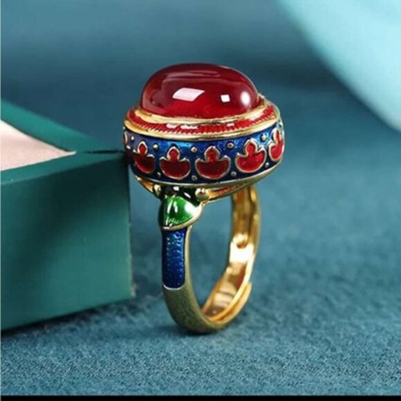 Vintage Style Enamel Flower Ruby Ring - Picture 3 of 5